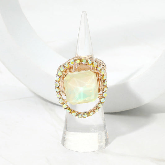 Madeline Love Gold, Opal, Yellow Square Stone Center Rhinestone Paved Rim Stretch Ring