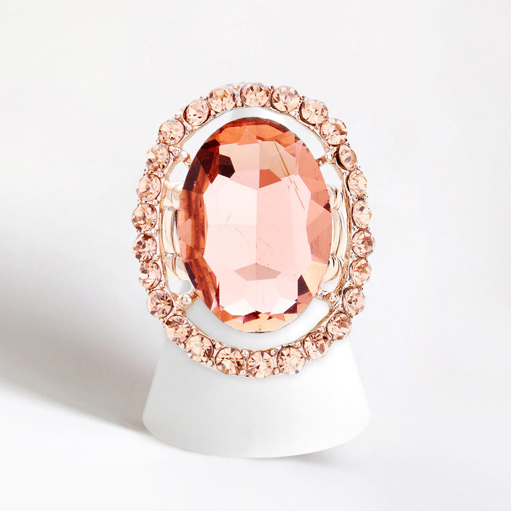 Madeline Love Peach, Rose Gold Rhinestone Trimmed Oval Cut Stretch Ring