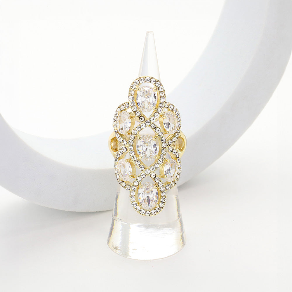 Madeline Love Clear, Gold Gold Plated Oval CZ Stone Embellished Flower Stretch Ring