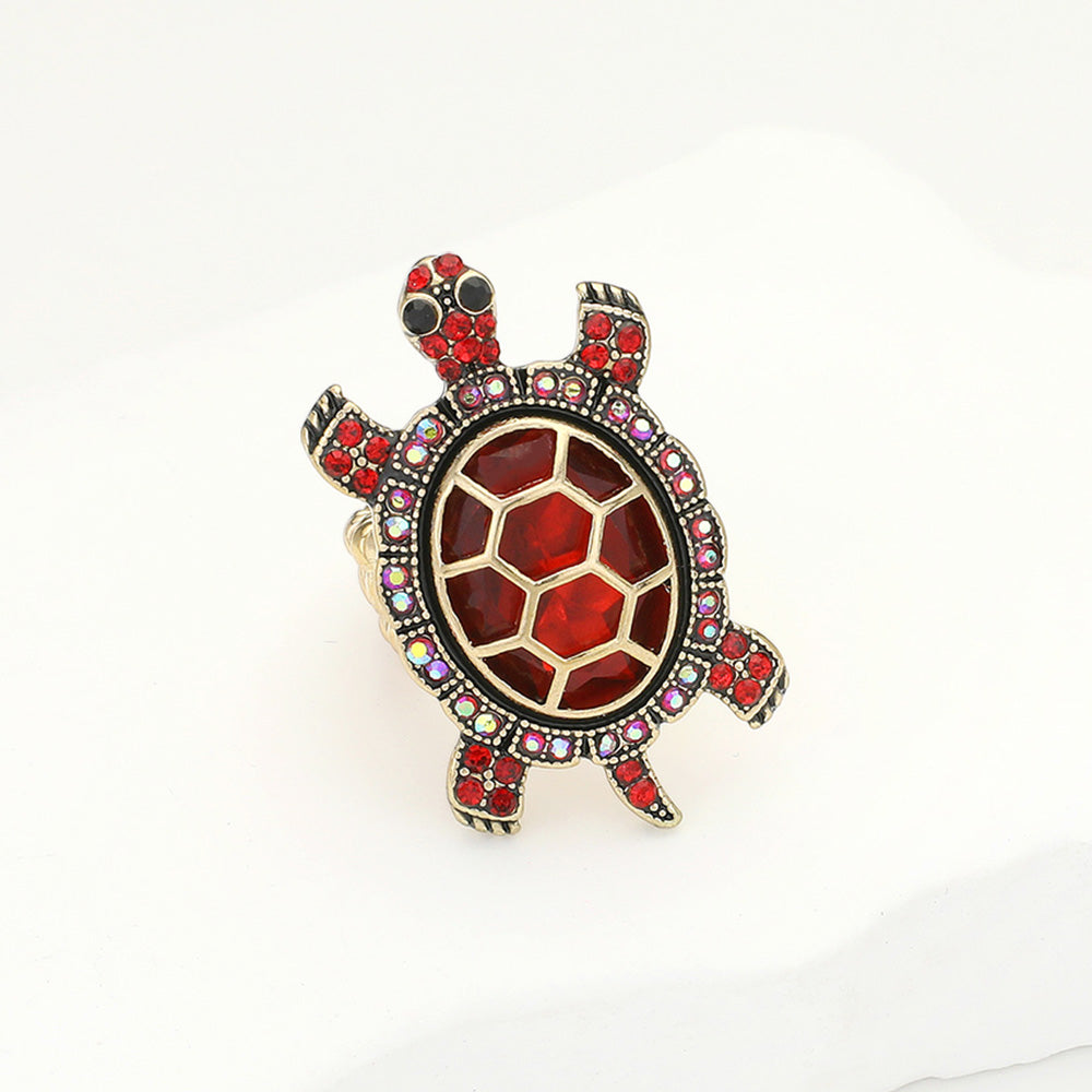 Antique Gold, Red Stone Embellished Sea Turtle Stretch Ring
