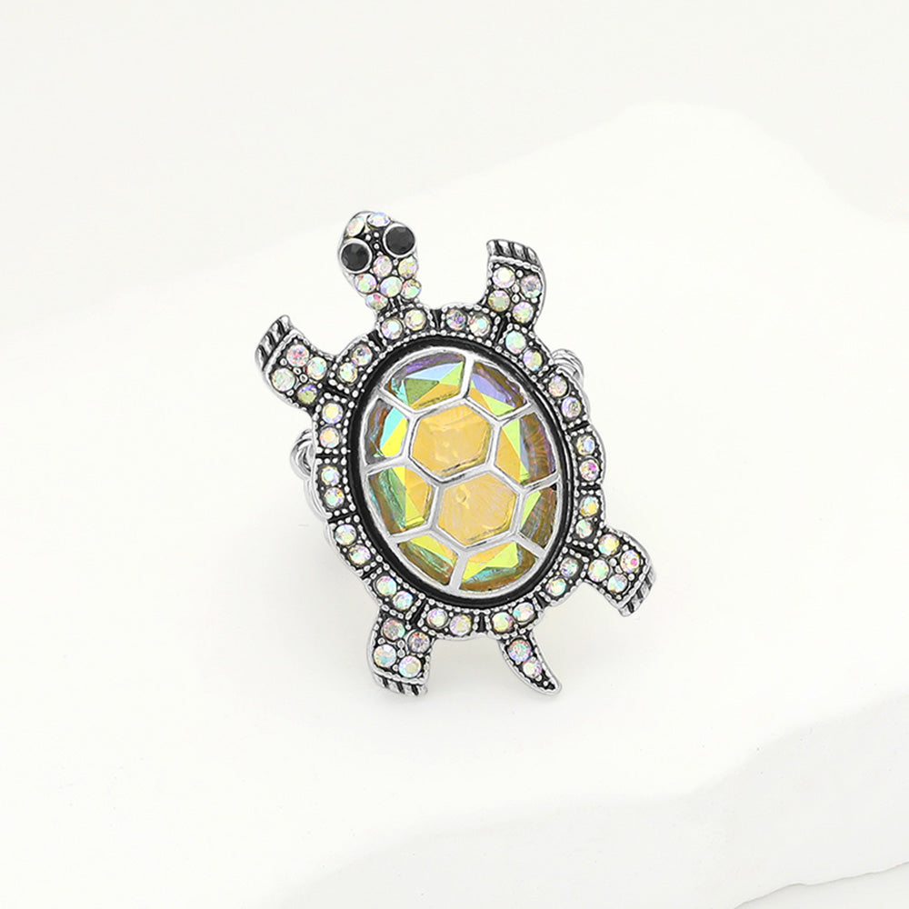 AB, Antique Silver Stone Embellished Sea Turtle Stretch Ring