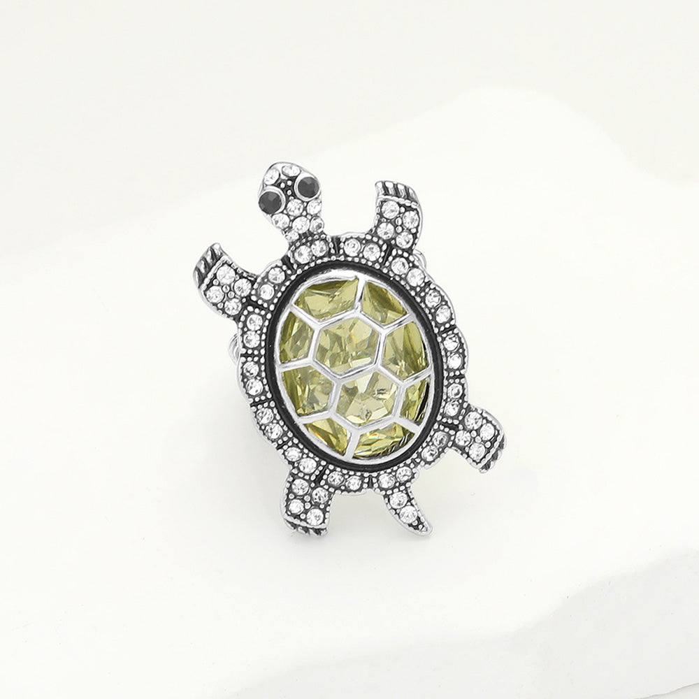Antique Silver, Clear Stone Embellished Sea Turtle Stretch Ring