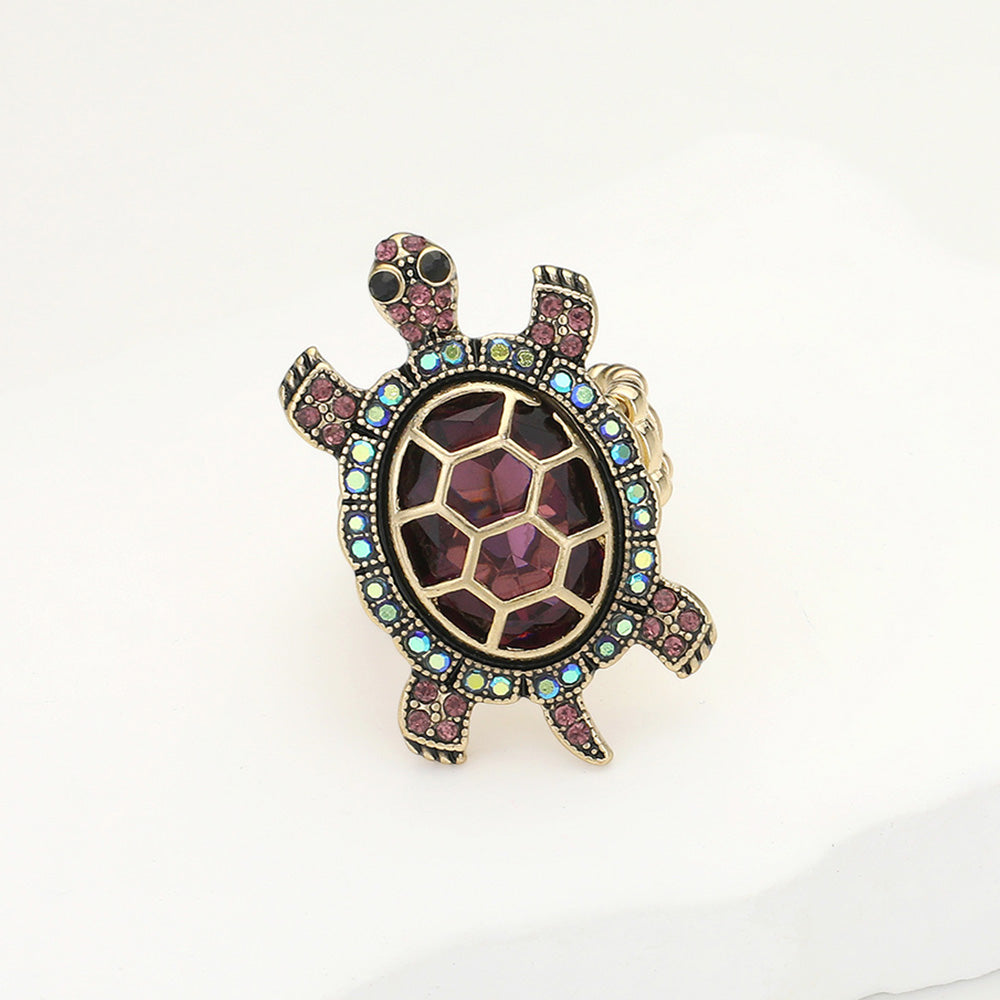 Gold, Purple Stone Embellished Sea Turtle Stretch Ring