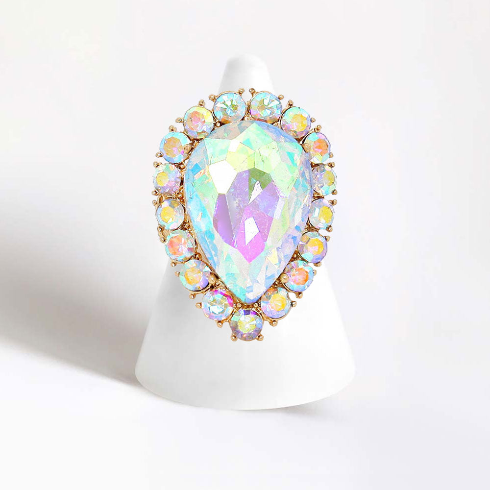 Madeline Love AB, Gold Crystal Rhinestone Teardrop Stretch Cocktail Ring - Jewelry