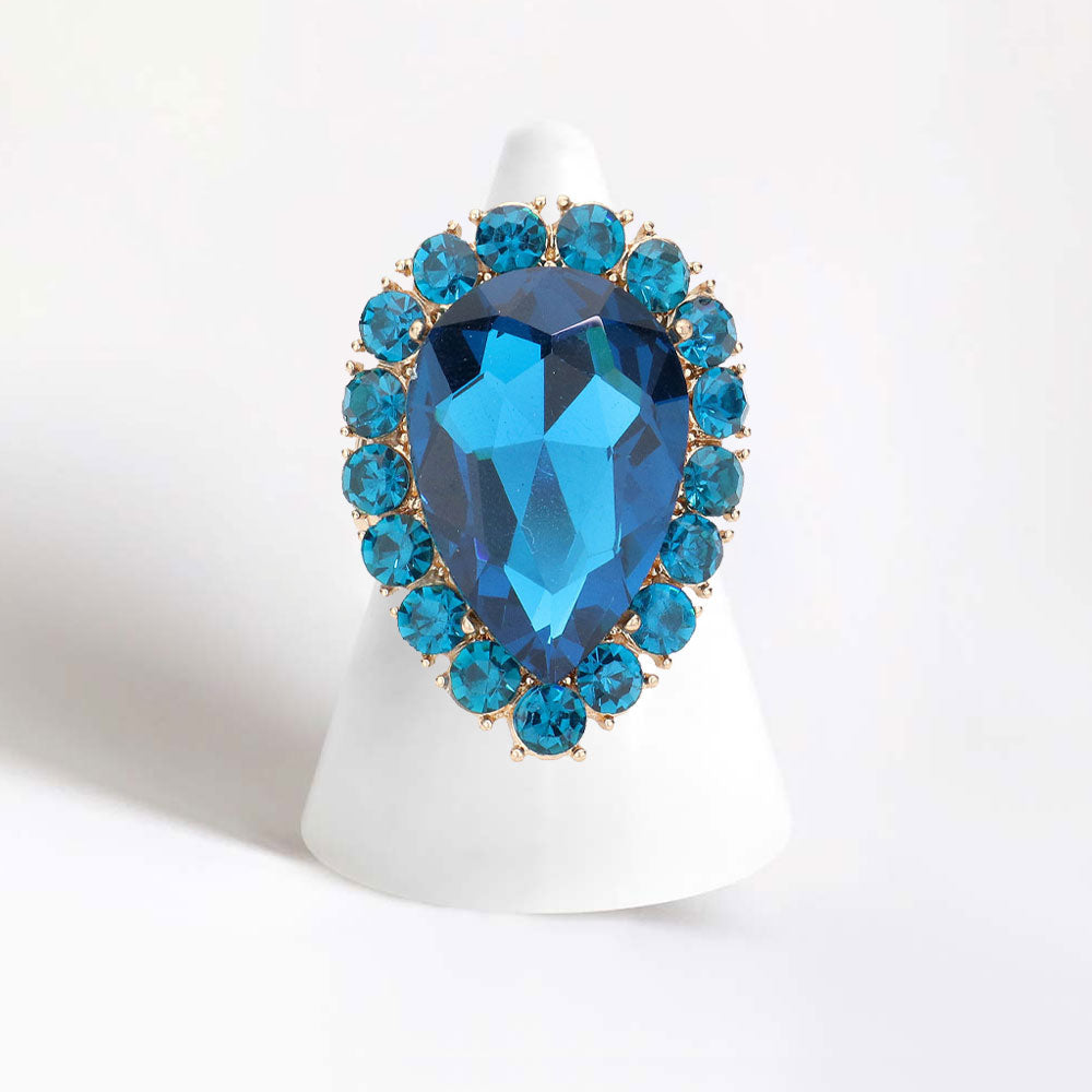 Madeline Love Blue Zircon, Gold Crystal Rhinestone Teardrop Stretch Cocktail Ring - Jewelry