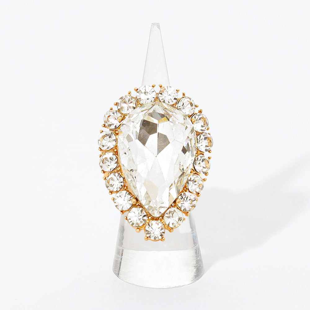 Madeline Love Clear, Gold Crystal Rhinestone Teardrop Stretch Cocktail Ring - Jewelry