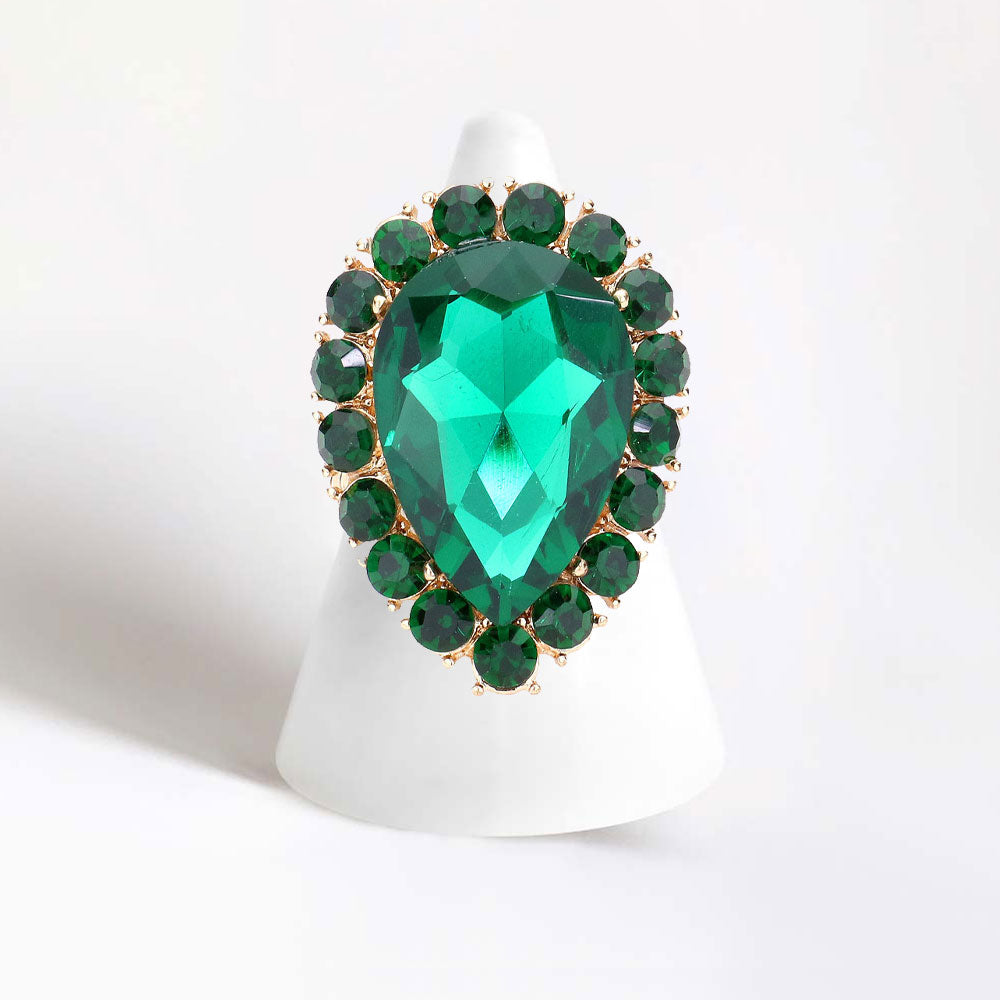 Madeline Love Gold, Green Crystal Rhinestone Teardrop Stretch Cocktail Ring - Jewelry