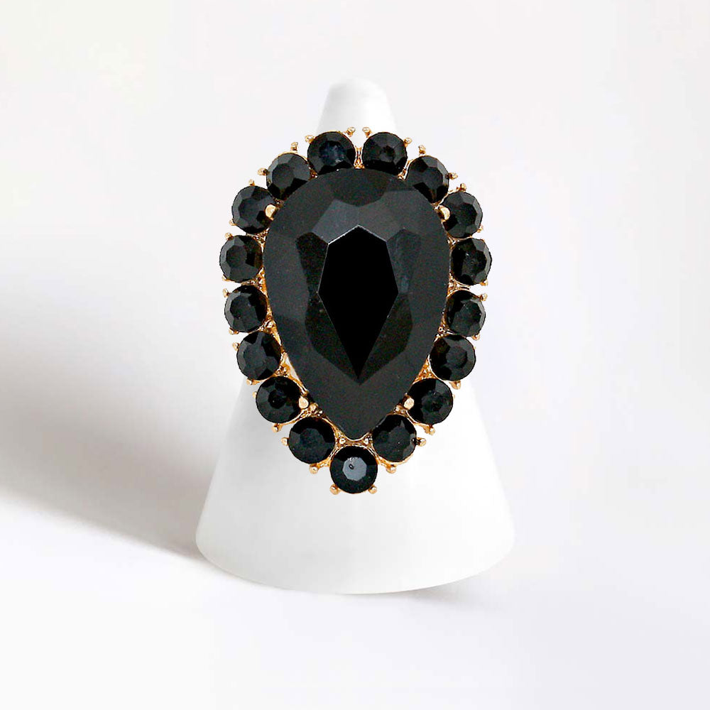 Madeline Love Gold, Jet Black Crystal Rhinestone Teardrop Stretch Cocktail Ring - Jewelry