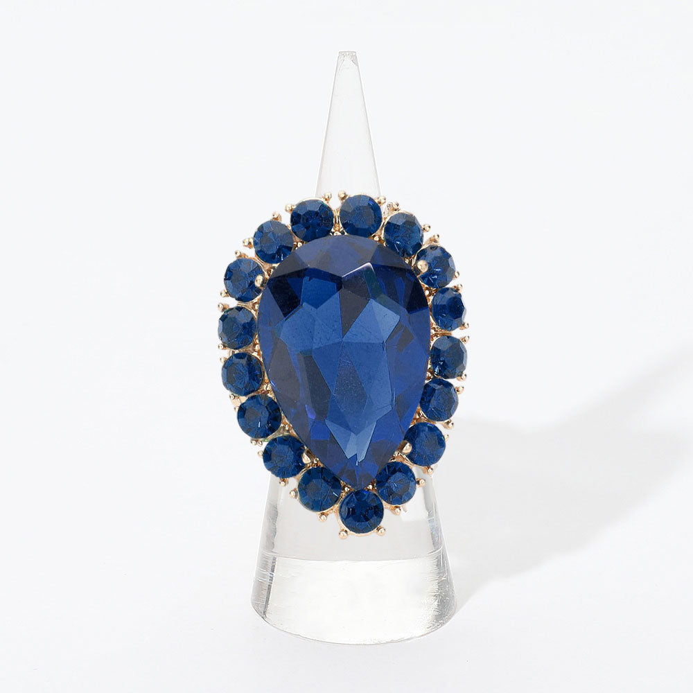 Madeline Love Gold, Navy Crystal Rhinestone Teardrop Stretch Cocktail Ring - Jewelry