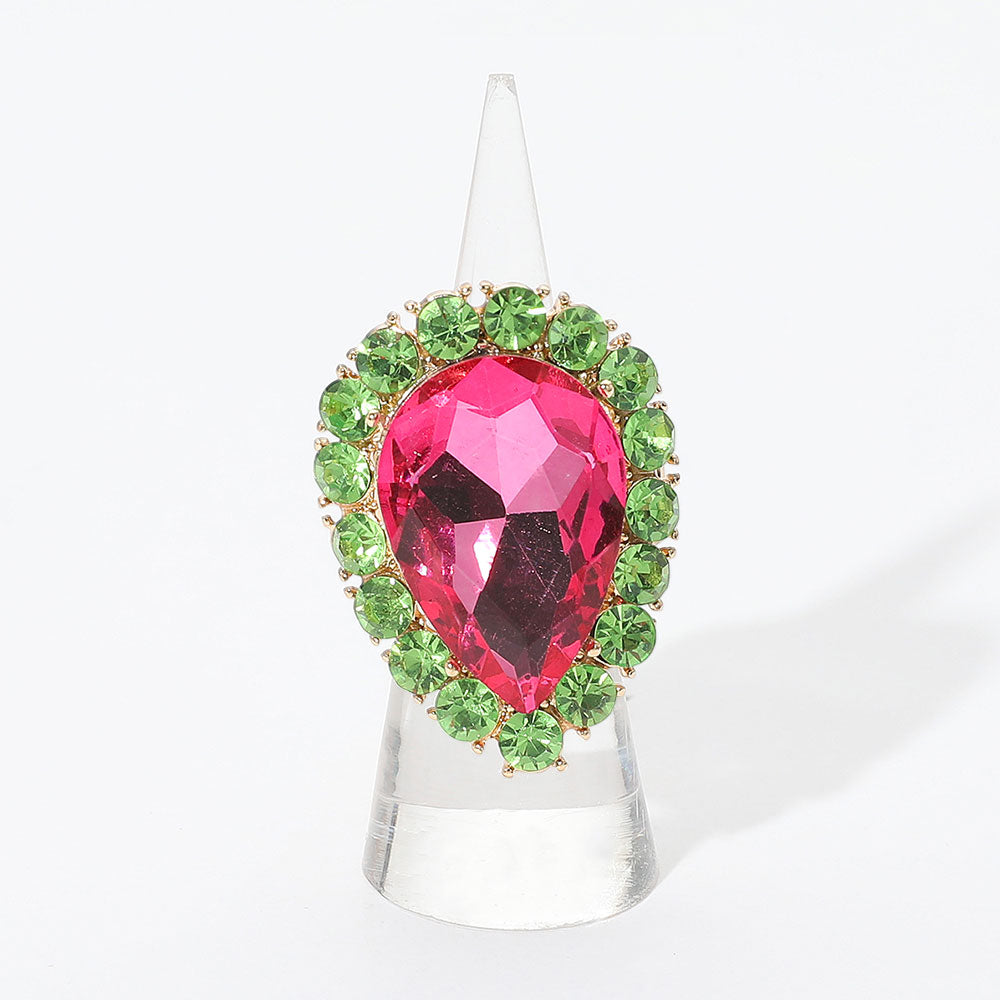 Madeline Love Gold, Pink&Green Crystal Rhinestone Teardrop Stretch Cocktail Ring - Jewelry
