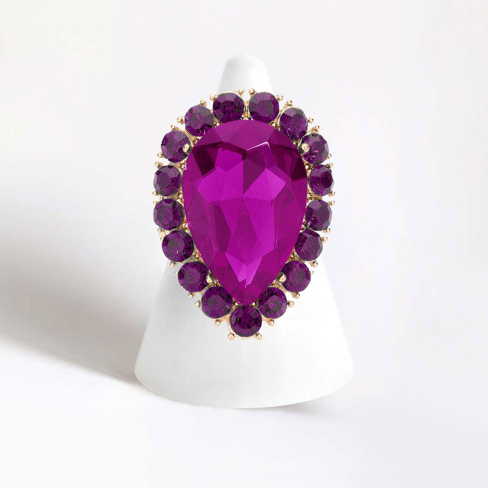 Madeline Love Gold, Purple Crystal Rhinestone Teardrop Stretch Cocktail Ring - Jewelry