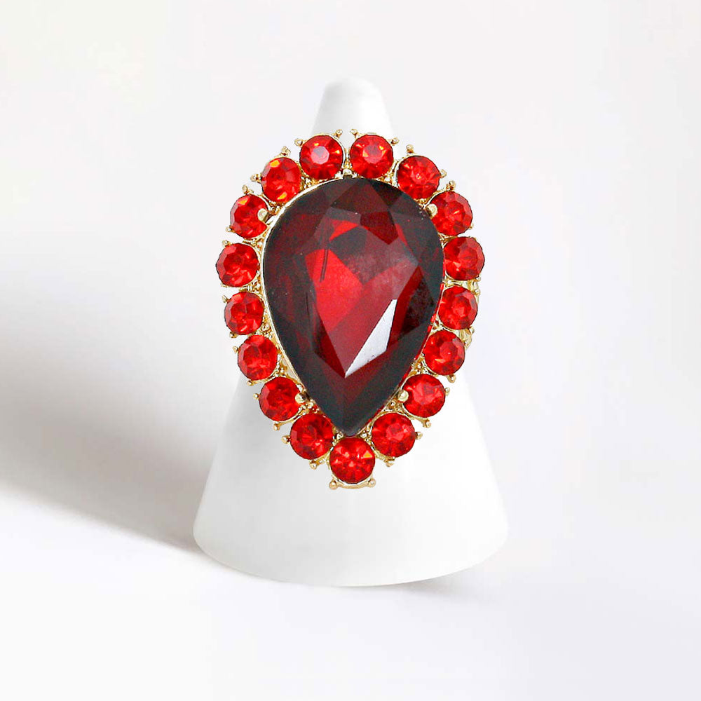 Madeline Love Gold, Red Crystal Rhinestone Teardrop Stretch Cocktail Ring - Jewelry