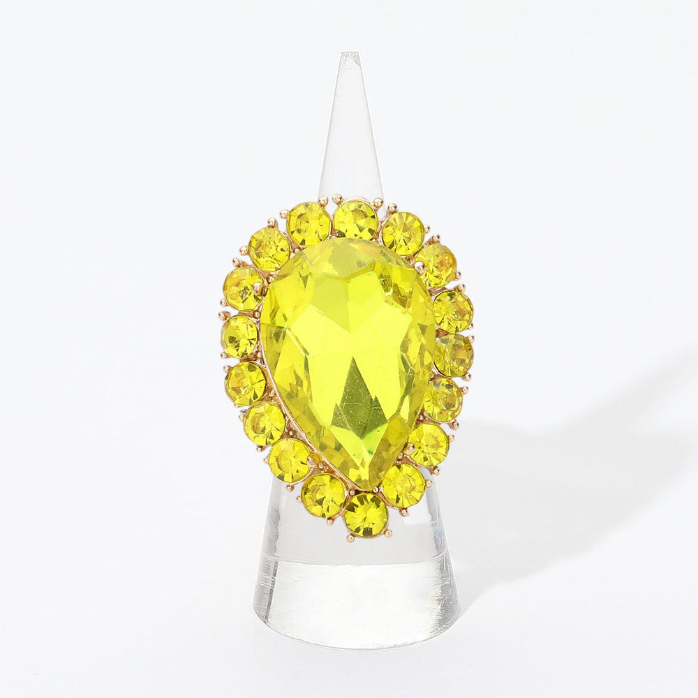 Madeline Love Gold, Yellow Crystal Rhinestone Teardrop Stretch Cocktail Ring - Jewelry