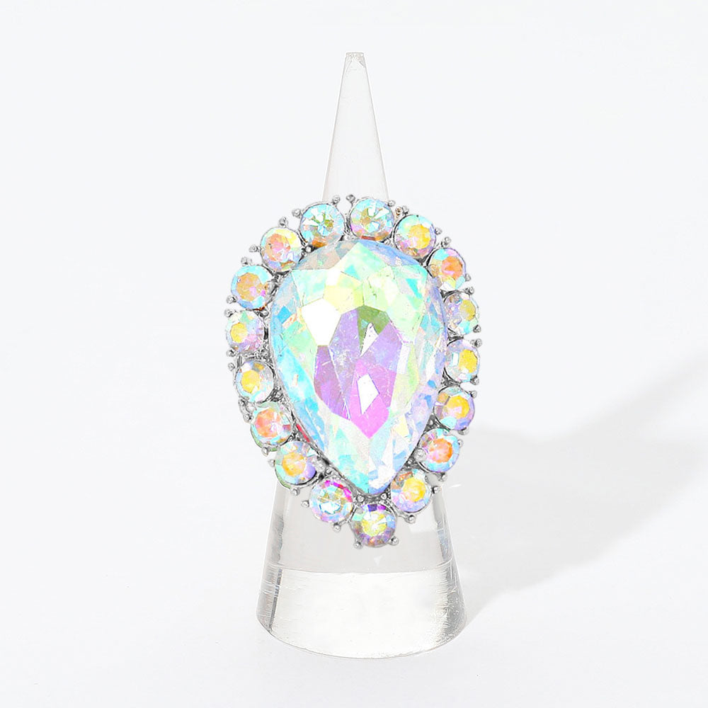 Madeline Love AB, Rhodium Crystal Rhinestone Teardrop Stretch Cocktail Ring - Jewelry