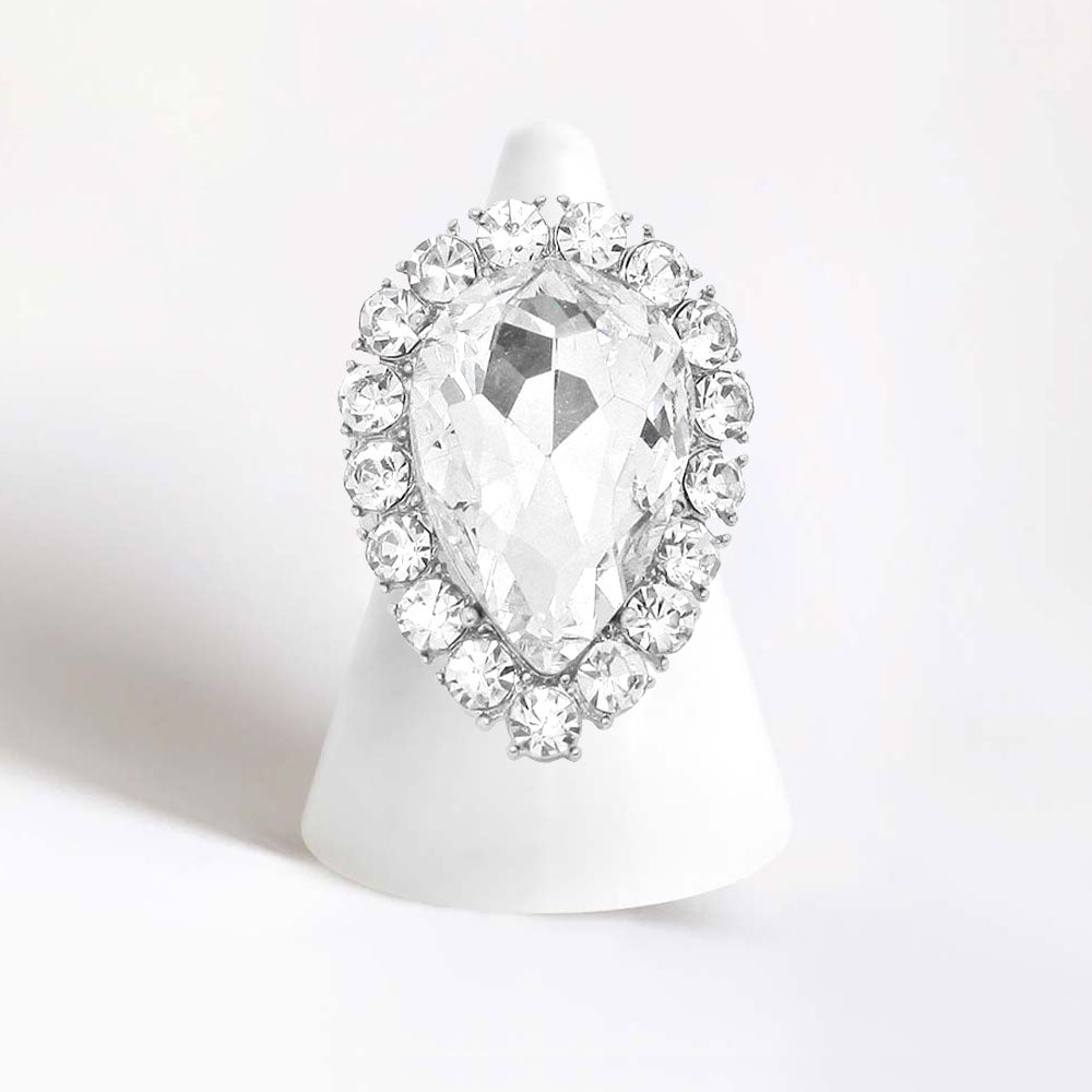 Madeline Love Rhodium Crystal Rhinestone Teardrop Stretch Cocktail Ring - Jewelry