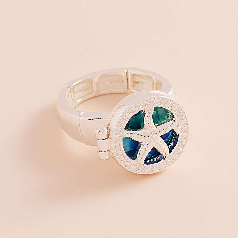 Blue, Turquoise Enamel Starfish Locket Stretch Ring