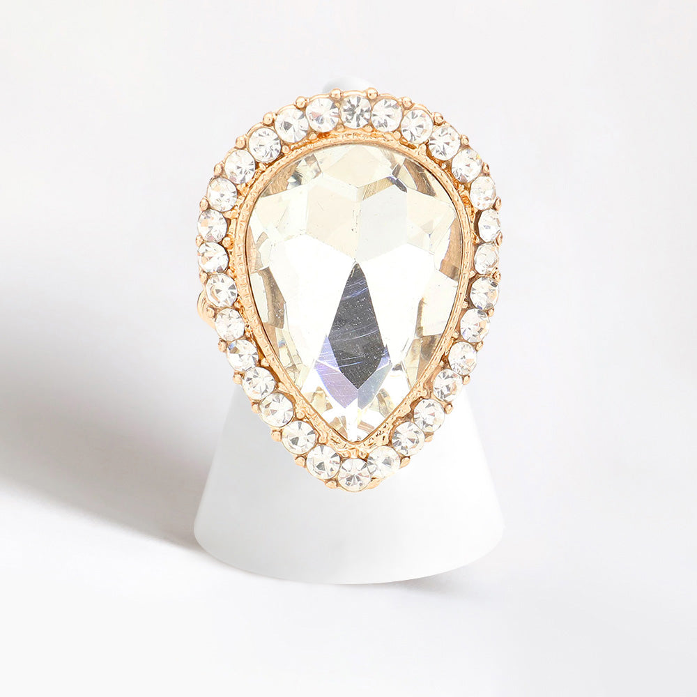 Madeline Love Clear, Gold Crystal rhinestone teardrop stretch cocktail ring