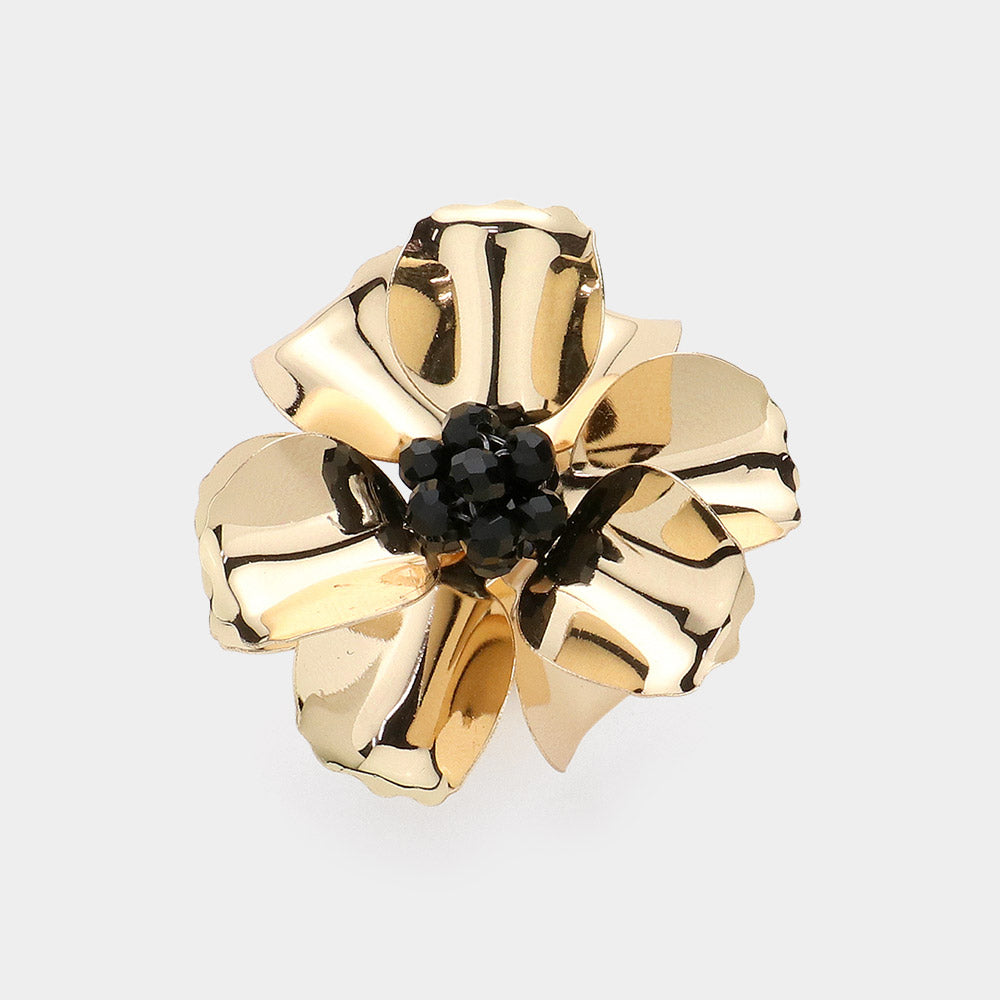 Madeline Love Black Beaded Ball Center Metal Petal Flower Adjustable Ring - Jewelry