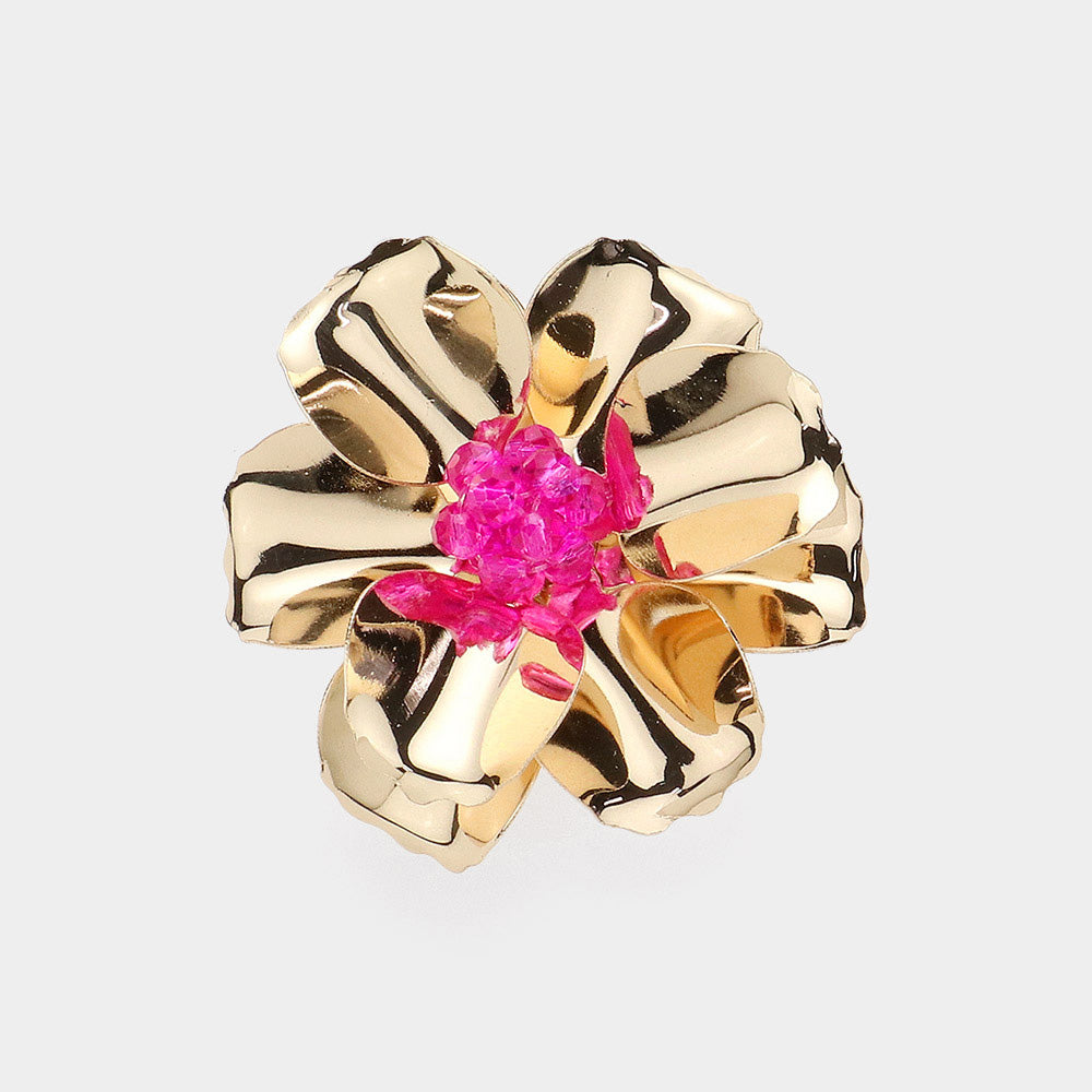 Madeline Love Fuchsia Beaded Ball Center Metal Petal Flower Adjustable Ring - Jewelry
