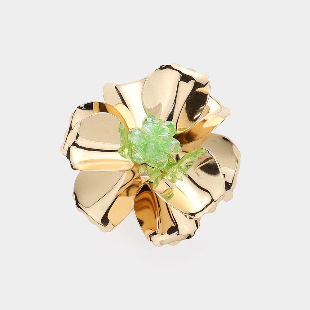 Madeline Love Green Beaded Ball Center Metal Petal Flower Adjustable Ring - Jewelry