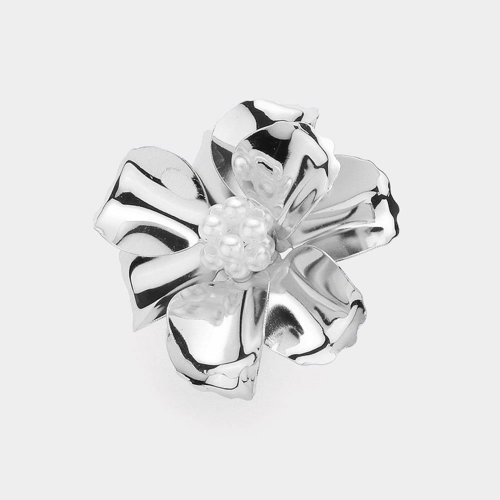 Madeline Love Rhodium Beaded Ball Center Metal Petal Flower Adjustable Ring - Jewelry