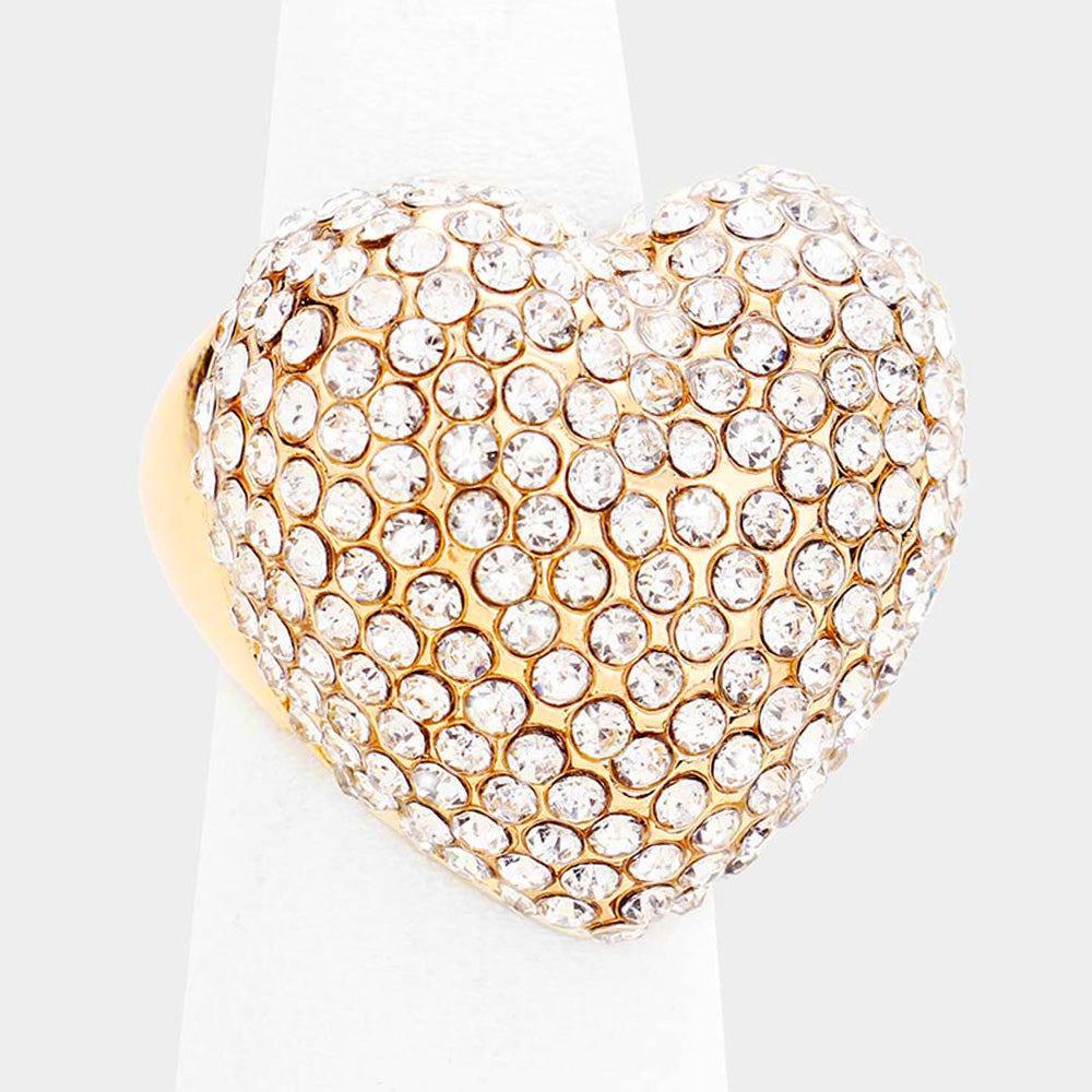 Heart Crystal Rhinestone Pave Stretch Ring