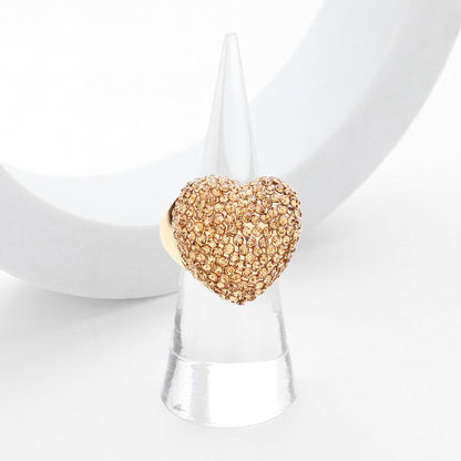 Heart Crystal Rhinestone Pave Stretch Ring - Gold Lt Col Topaz - Free Sized Rings