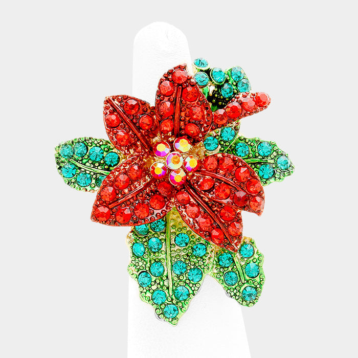 Madeline Love Gold, Green, Red Christmas Poinsettia Flower Stretch Ring - Hair Accessories