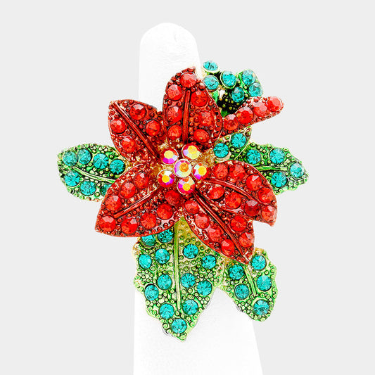 Madeline Love Gold, Green, Red Christmas Poinsettia Flower Stretch Ring - Hair Accessories