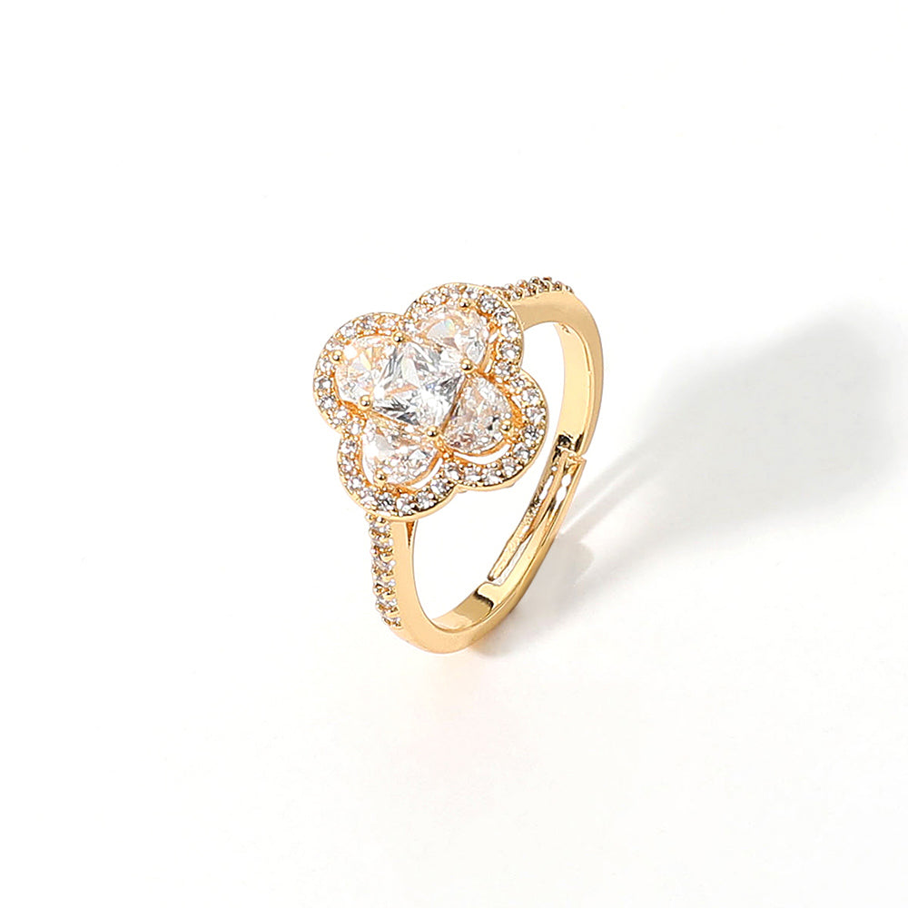 Madeline Love Clear, Gold Quatrefoil Stone Pointed Adjustable Ring