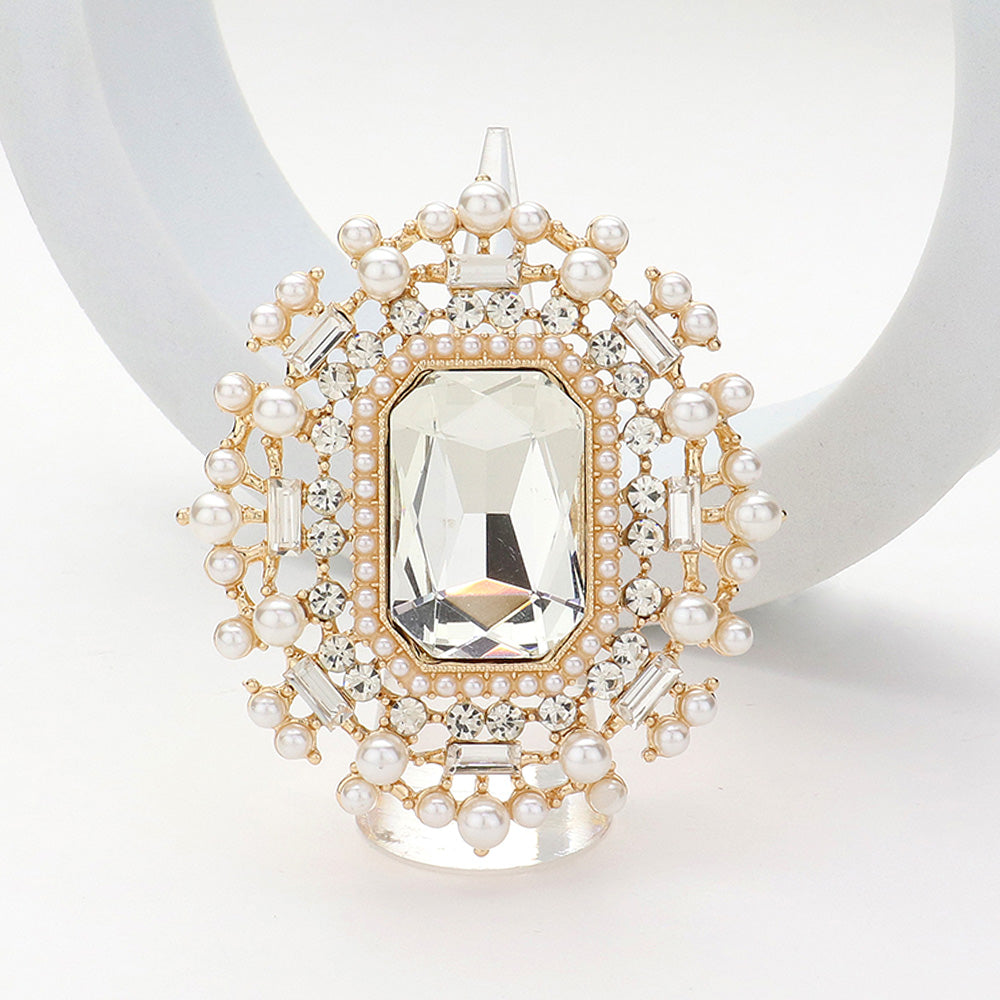 Madeline Love Clear, Gold Rectangle Glass Stone Centered Pearl Rhinestone Embellished Stretch Ring - Hair Accessories