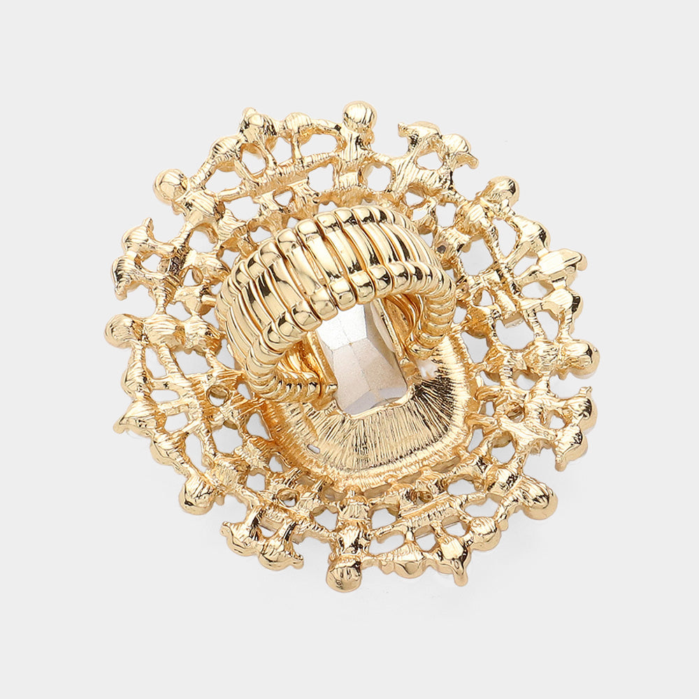 Madeline Love Clear, Gold Rectangle Glass Stone Centered Pearl Rhinestone Embellished Stretch Ring - Hair Accessories - desc