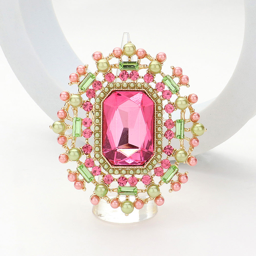 Madeline Love Gold, Pink&Green Rectangle Glass Stone Centered Pearl Rhinestone Embellished Stretch Ring - Hair Accessories