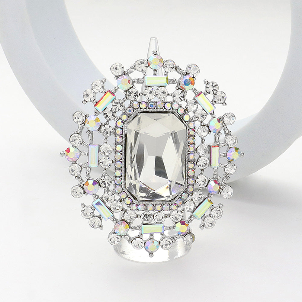 Madeline Love AB, Rhodium Rectangle Glass Stone Centered Pearl Rhinestone Embellished Stretch Ring - Hair Accessories