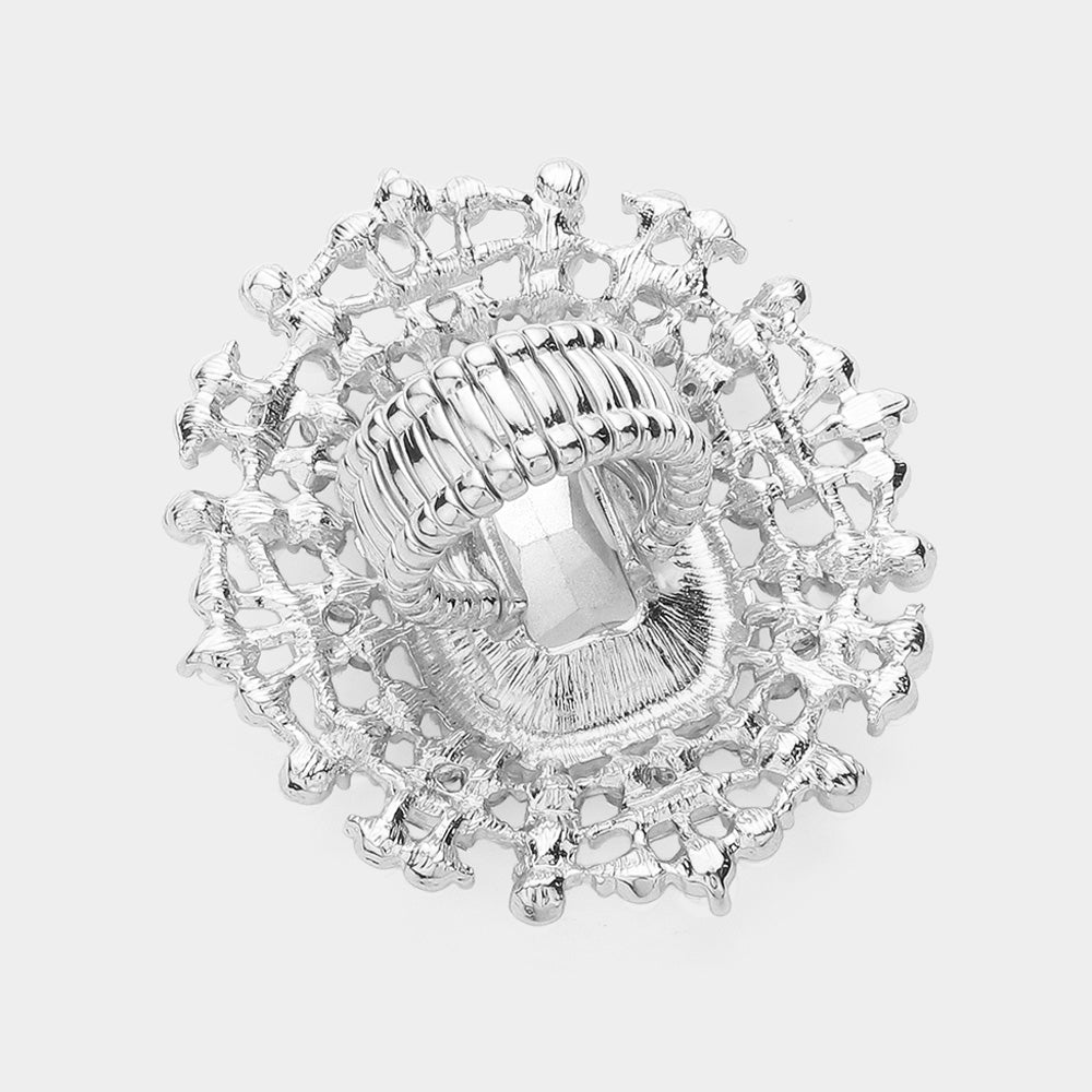 Madeline Love AB, Rhodium Rectangle Glass Stone Centered Pearl Rhinestone Embellished Stretch Ring - Hair Accessories - desc