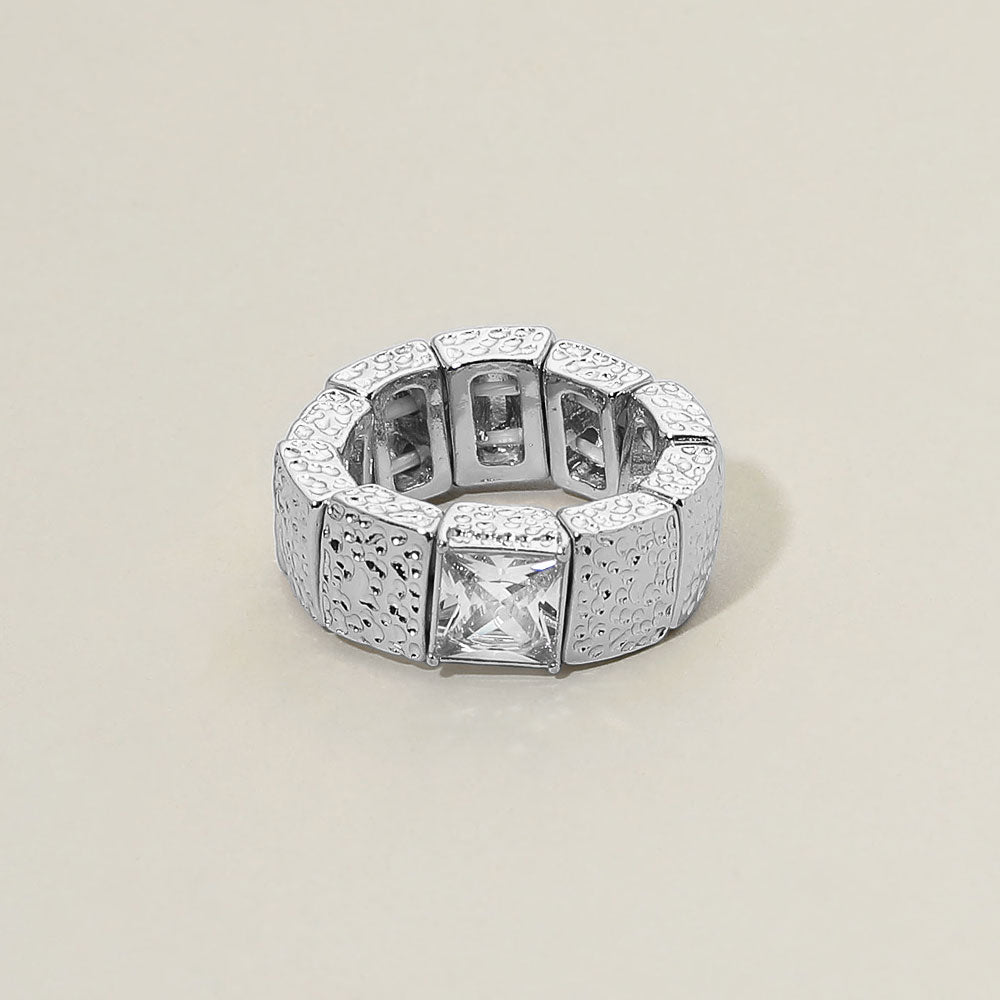 Madeline Love Clear, Rhodium Square Crystal Accent Textured Cube Beaded Stretch Band Ring