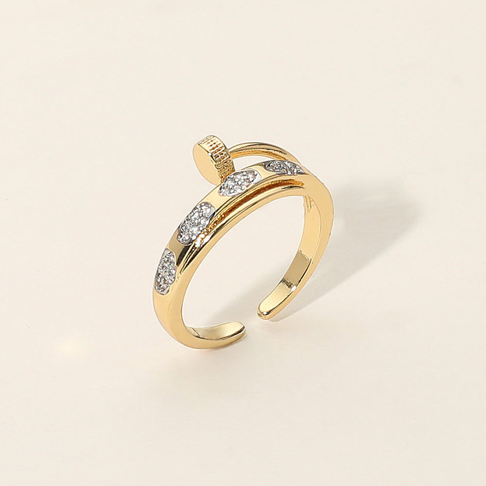 Madeline Love Gold 14K Gold Dipped Rhinestone Pave Accented Nail Shaped Adjustable Ring