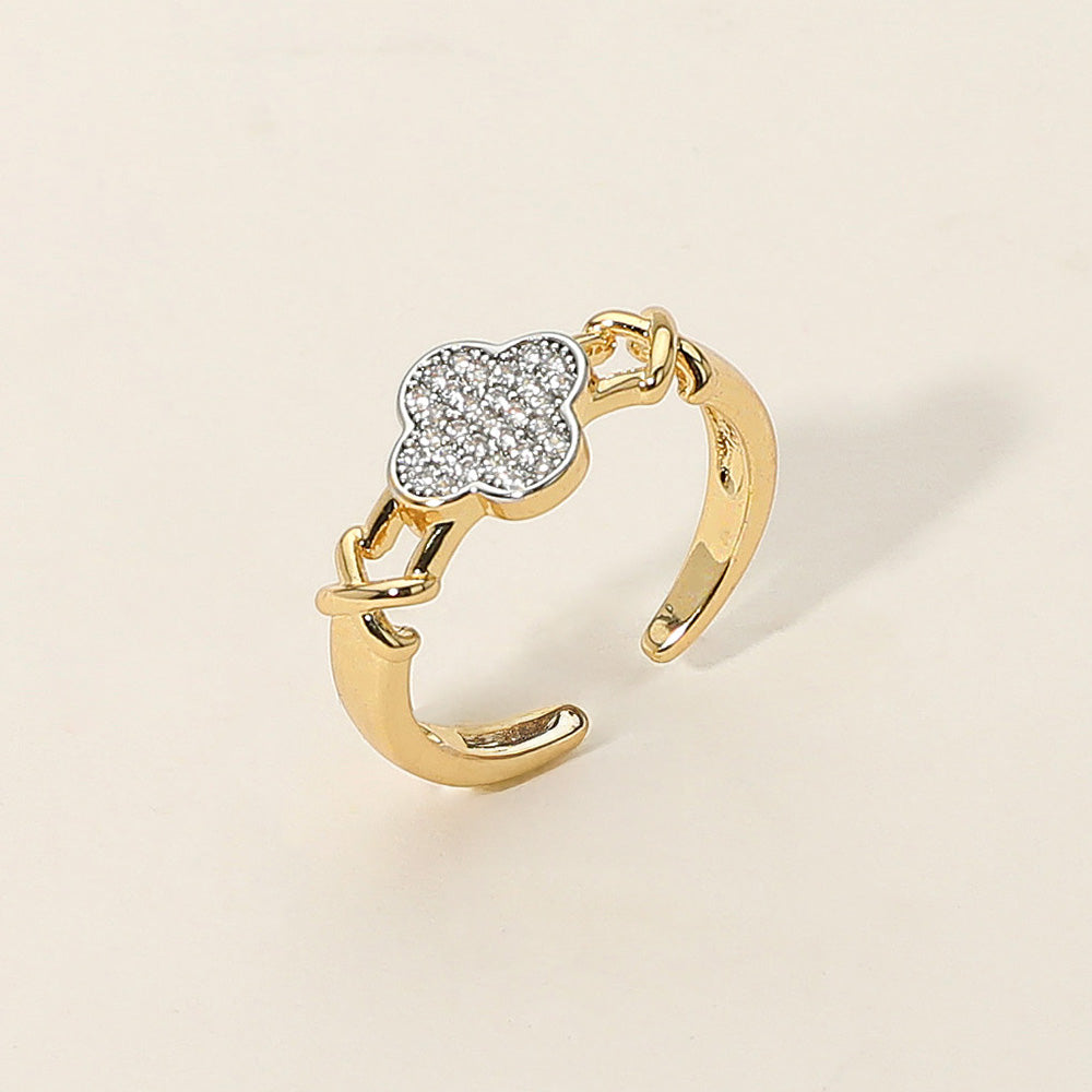 Madeline Love Gold 14K Gold Dipped Rhinestone Paved Quatrefoil Accent Adjustable Ring