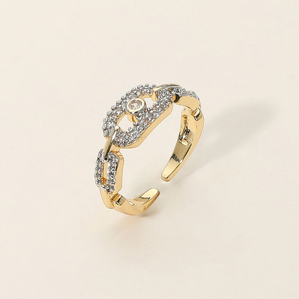 Madeline Love Gold 14K Gold Dipped Center Stone Bezel Accent Rhinestone Paved Link Adjustable Ring