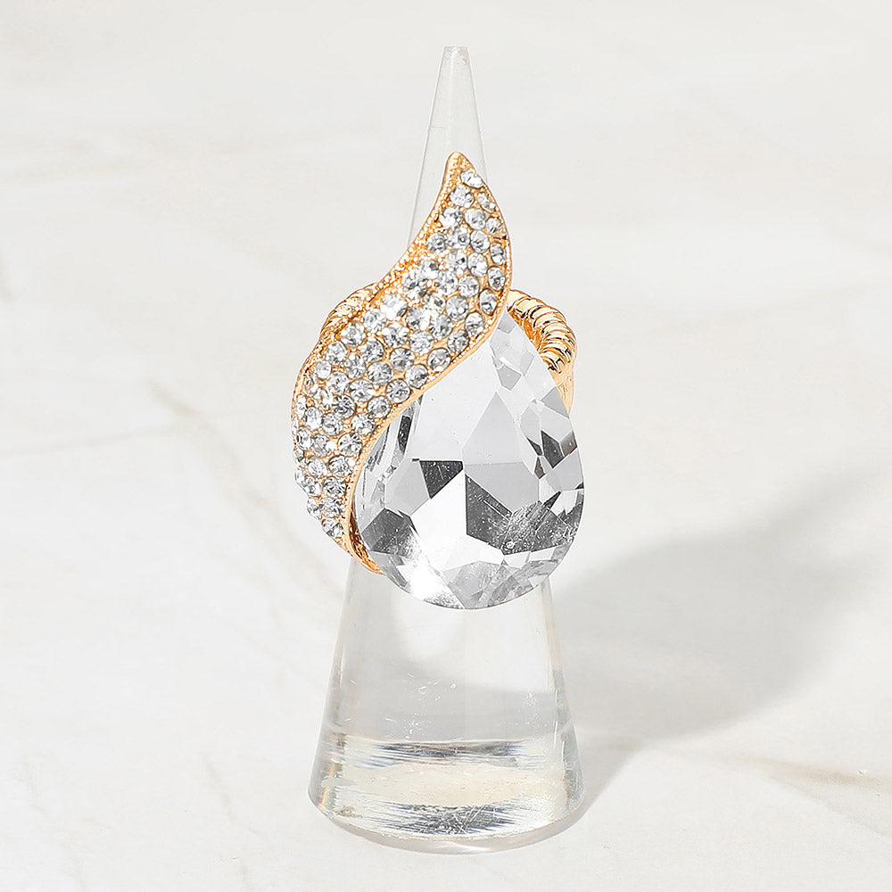 Madeline Love Clear, Gold Teardrop Crystal Pave Accent Stretch Ring