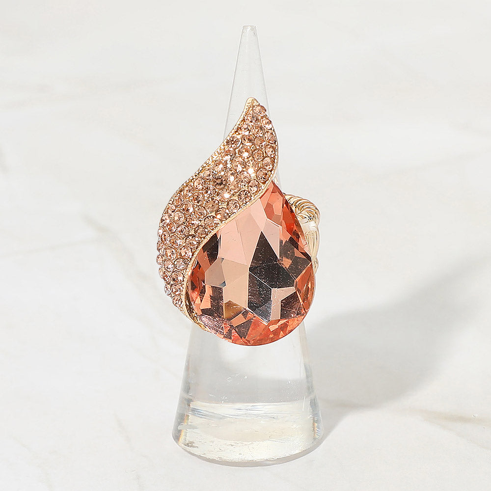 Madeline Love Peach, Rose Gold Teardrop Crystal Pave Accent Stretch Ring
