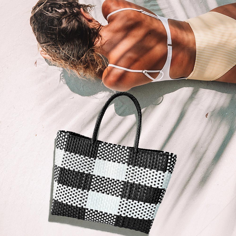 Madeline Love Black Basket Weave Checkered Hand Bag / Tote Bag - Bags & Wallets