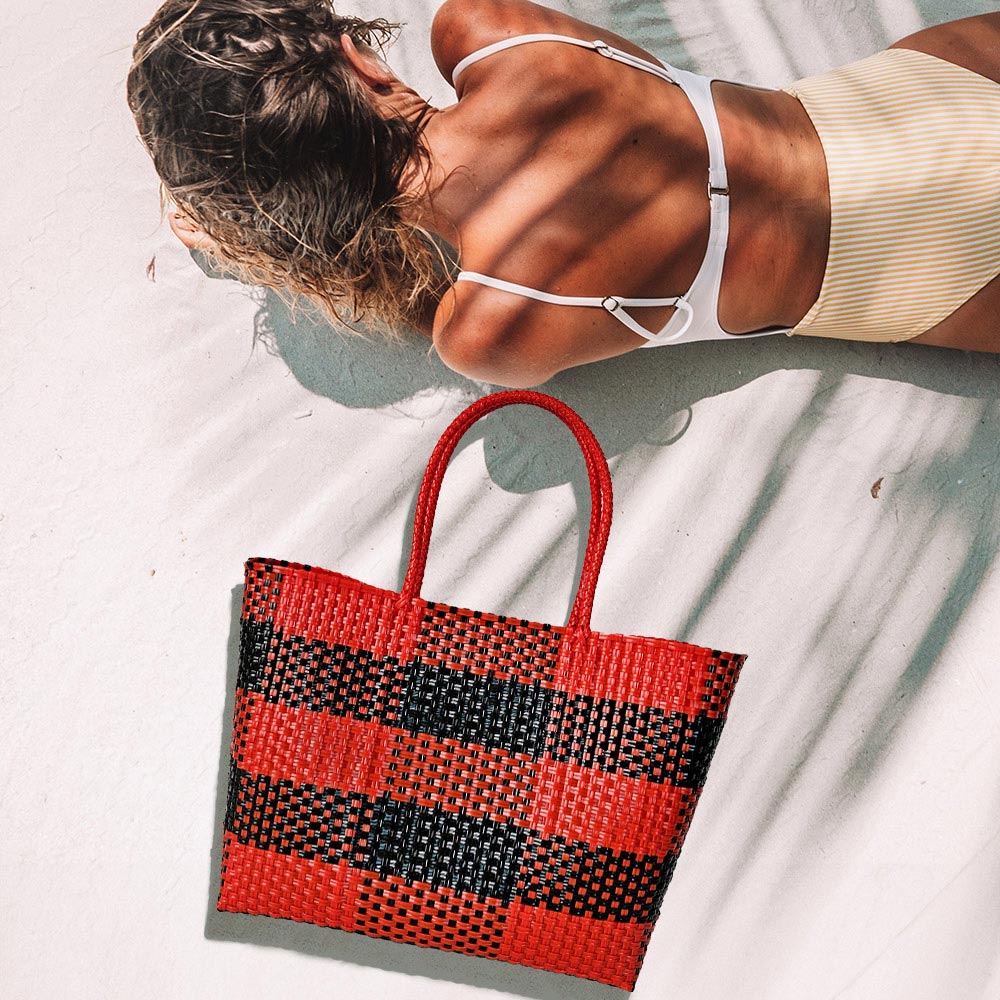Madeline Love Navy, Orange Basket Weave Checkered Hand Bag / Tote Bag - Bags & Wallets