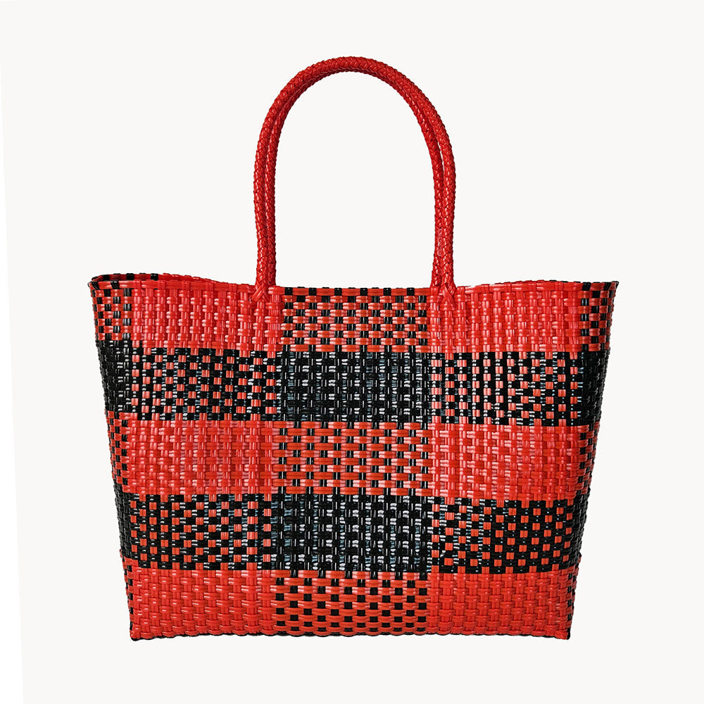 Madeline Love Navy, Orange Basket Weave Checkered Hand Bag / Tote Bag - Bags & Wallets - desc