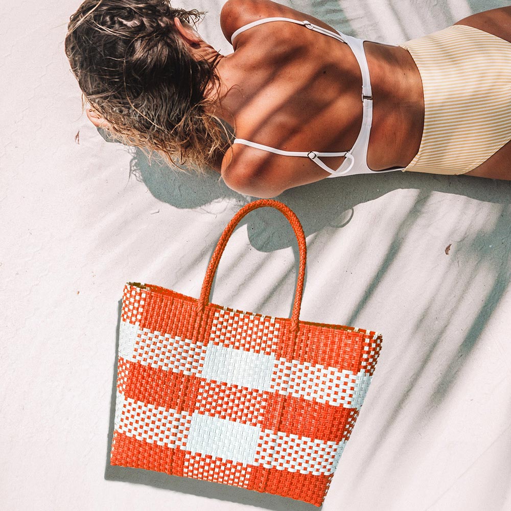 Madeline Love Orange Basket Weave Checkered Hand Bag / Tote Bag - Bags & Wallets