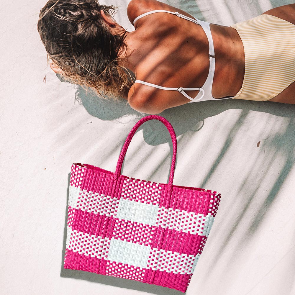 Madeline Love Pink Basket Weave Checkered Hand Bag / Tote Bag - Bags & Wallets