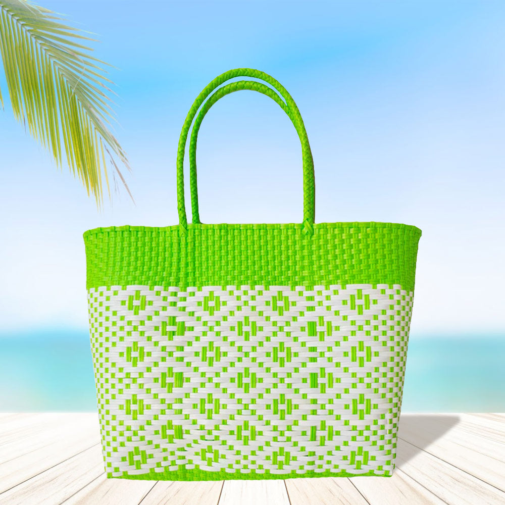 Madeline Love Lime Aztec Pattern Basket Weave Tote Bag / Shoulder Bag - Bags & Wallets