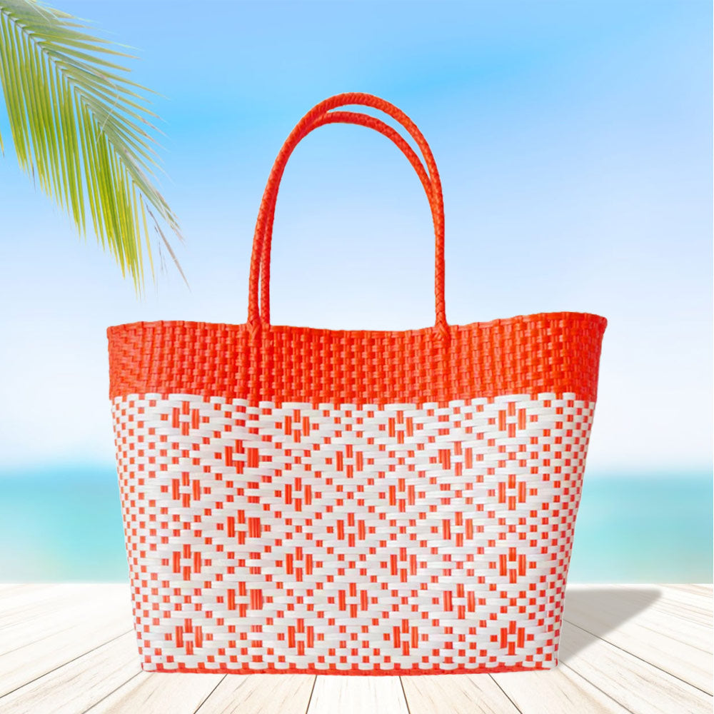 Madeline Love Orange Aztec Pattern Basket Weave Tote Bag / Shoulder Bag - Bags & Wallets