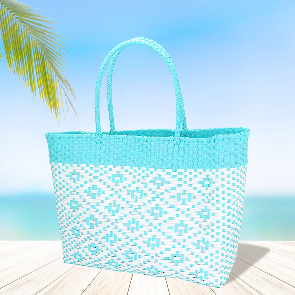 Madeline Love Turquoise Aztec Pattern Basket Weave Tote Bag / Shoulder Bag - Bags & Wallets
