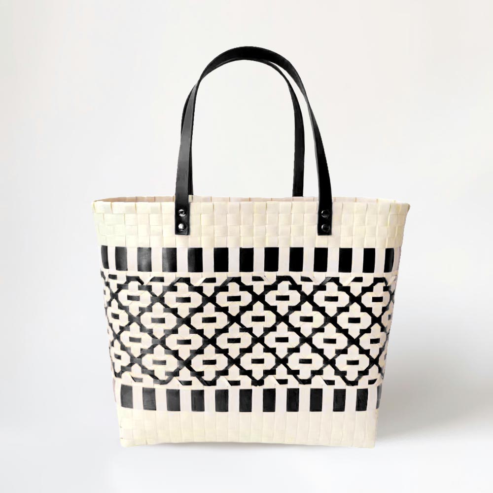 Madeline Love Black Quatrefoil Patterned Basket Weave Tote Bag / Shoulder Bag - Bags & Wallets